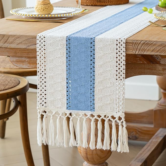FEXIA Summer Table Runner Light Blue for Home Decor with Tassels 72 Inches Farmhouse Long Rustic Table Runner Macrame Burlap Centerpieces for Tables Decoration for Baby Shower(12x72 Inches)