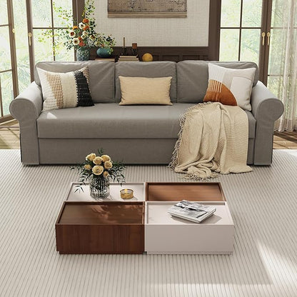 Coffee Table with Storage,Modern Center Table with 4 Hidden Drawers for Living Room,Rectangle Coffee Table for Home Furniture,Bedroom,Beige Gray and Dark Walnut