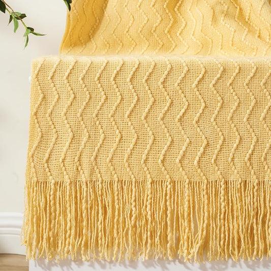 BATTILO HOME Yellow Throw Blanket for Couch, Textured Soft Gold Throw Blankets, Decorative Knitted Mustard Blanket for Sofa Bed Living Room, 50"x60"