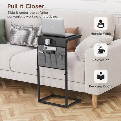 Vagusicc C Shaped End Table with Charging Station, Tall C Table End Table Adjustable Height Side Table for Couch, Small Couch Table Slide Under Sofa Table TV Tray Table for Living Room, Bedroom, Black