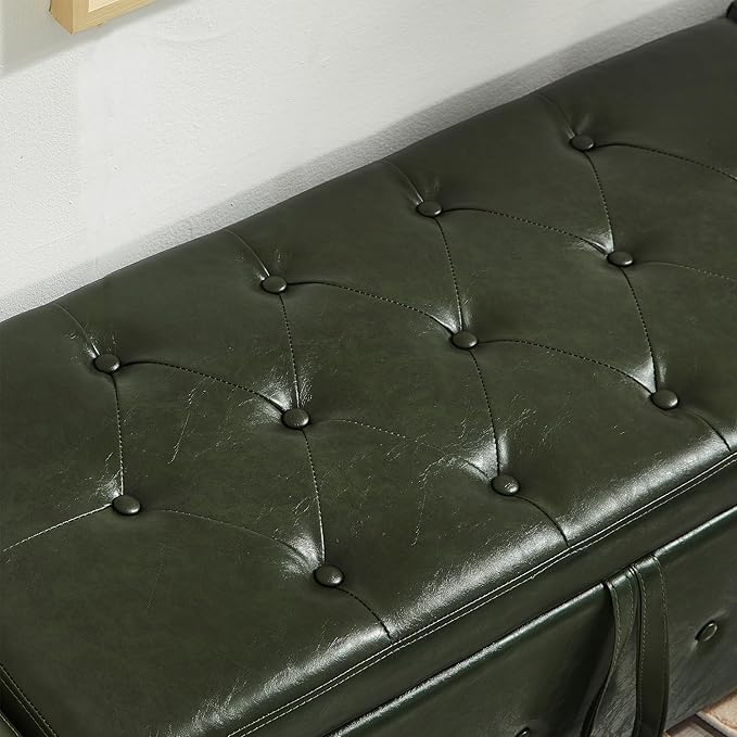 Furniliving Storage Bench, 48‘’ Upholstered PU Leather Ottoman Bench with Button-Tufted, Folding Bedroom Bench with Wood Legs, Entryway Bench for Bedroom, Grass Green