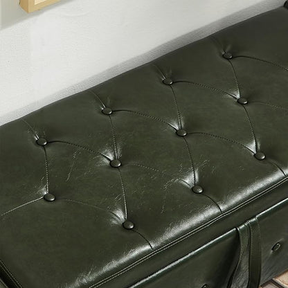 Furniliving Storage Bench, 48‘’ Upholstered PU Leather Ottoman Bench with Button-Tufted, Folding Bedroom Bench with Wood Legs, Entryway Bench for Bedroom, Grass Green