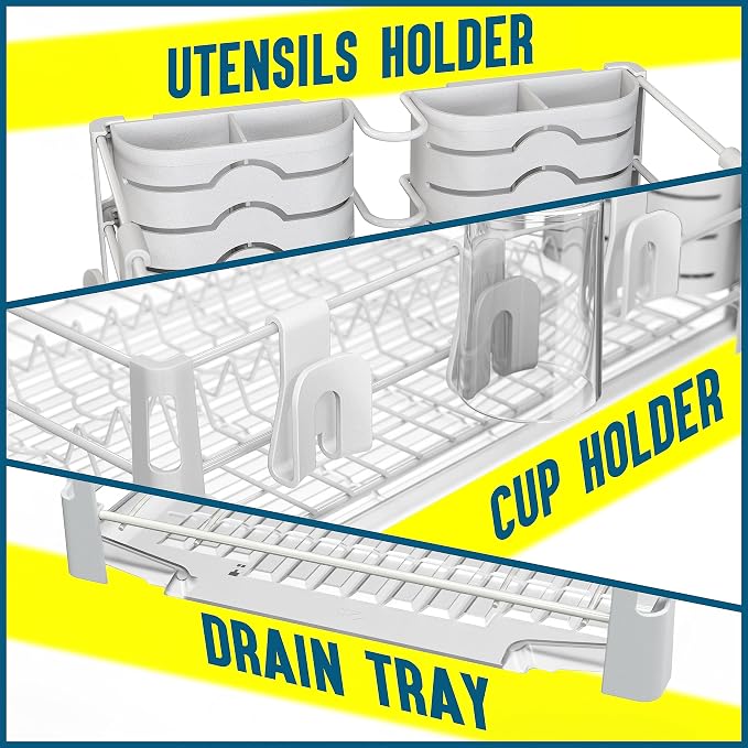 Simple Houseware White Dish Drying Rack with Drainboard, Utensil Holder & Mug Hooks – Metal Kitchen Counter Organizer