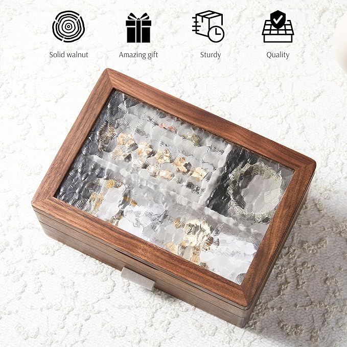 Wooden Jewelry Box, Large Size Case, Natural Solid Walnut Wood Vintage Trinket Organizer with 2-Layer Storage, Drawer, Ring Compartments, Necklace Hooks, Glass Lid, ek06-b-walnut