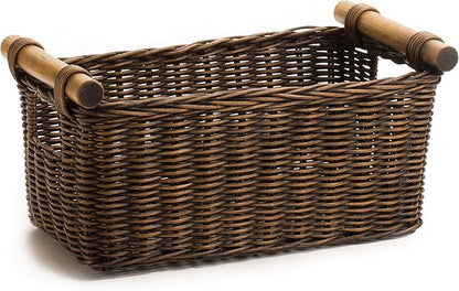 The Basket Lady Petit Pole Handle Wicker Storage Basket, Medium, 12 in L x 6.5 in W x 6 in H, Antique Walnut Brown