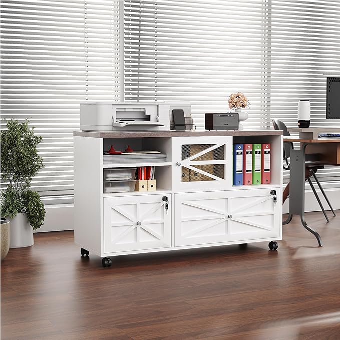 Semoic 2 Drawer Farmhouse File Cabinet with Lock, Mobile Lateral Filing Cabinet for Letter/Legal/A4 Size, Open Storage Adjustable Shelf for Home Office Cabinets,White