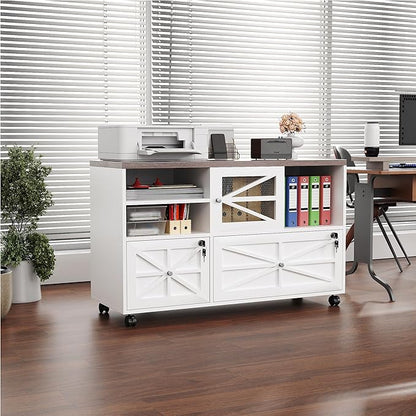 Semoic 2 Drawer Farmhouse File Cabinet with Lock, Mobile Lateral Filing Cabinet for Letter/Legal/A4 Size, Open Storage Adjustable Shelf for Home Office Cabinets,White