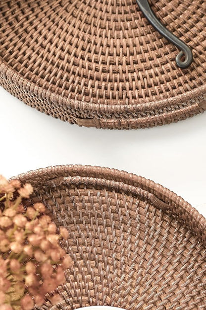 HITOMEN 14.2" Hand-Woven Round Rattan Serving Tray Decorative Ottoman Wicker Platter with Handles for Coffee Table, Breakfast, Drinks, Snack, Bread, Fruit, Vegetables (Warm Brown-L)