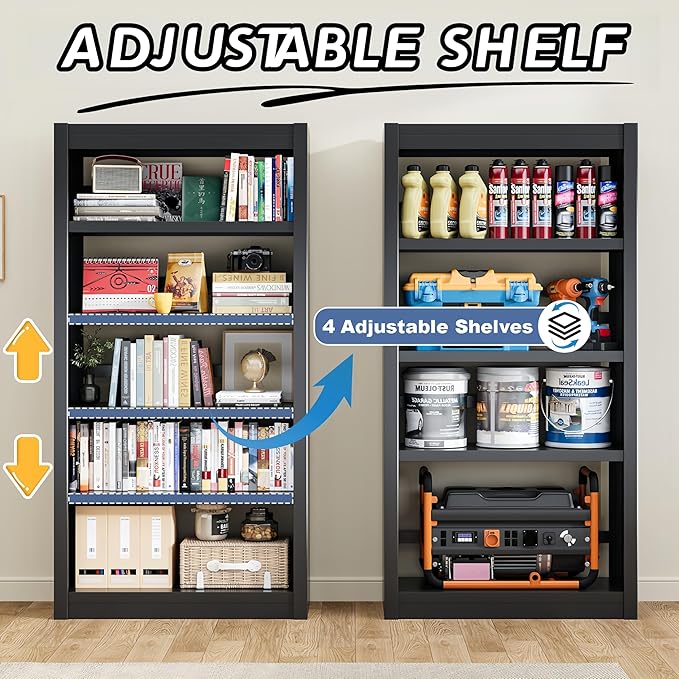 5-Tier Metal Bookshelf, 69" Tall Black Bookcase with Adjustable Shelves, Heavy Duty Deep Book Shelves, Display Storage Shelving for Living Room, Home Office, Library, Bedroom