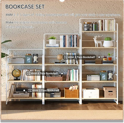 4NM No Assembly 5 Tiers Folding Bookshelf Storage Shelves Vintage Bookcase Standing Racks Study Organizer Home Office (Natural White)