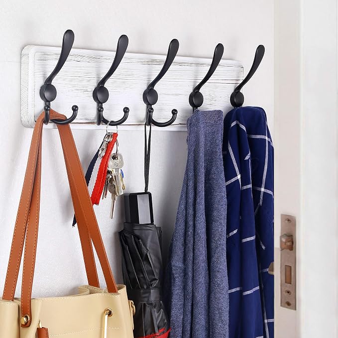 WEBI Rustic Coat Rack Wall Mount,Wood Coat Hooks Wall Mounted Coat Hanger,16" Hole to Hole,Hook Rack Rail,5 Triple Hooks for Hanging Coats,Hats,Jacket,Clothes,Entryway,Black,2 Packs