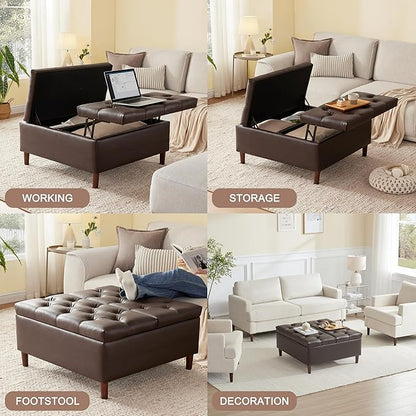Weture 35 Inch Extra Large Storage Ottoman Coffee Table, No Assembly Required, Oversized Square Ottoman with Storage, Tufted Upholstered Ottomans Coffee Table for Living Room (Leather, Brown)