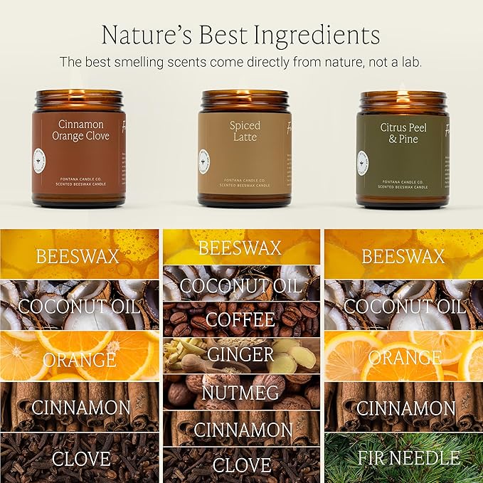 Fontana Candle Co Wood Wick Beeswax Jar Candles - 3-Jar Fall Bundle - Made with Coconut Oil & Pure Essential Oils – Clean Burn, Long Lasting and Non-Toxic Candles for Home & Room Decor