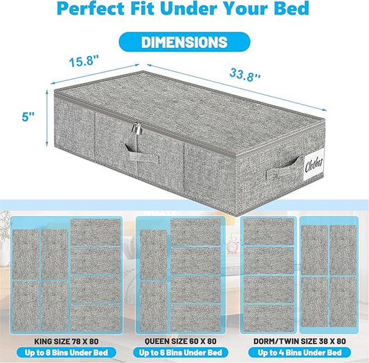 Under Bed Storage Container Bins 4 Pack, 5 Inch Thin Low Profile Underbed Clothes Storage Organizer for Dorm & Home, Use for Blanket and Toy Storage Box W/ Sturdy Bottom/Sides, Foldable Thick Fabric