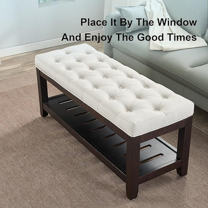 44" Ottoman Bench, Upholstered End of Bed Bench, Oversized Footrest with Wood Shelf torage Storage Bench for Bedroom, Entryway, Living Room, White