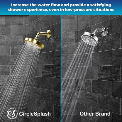 High Pressure Shower Head - Anti-Clogging Silicone Nozzles 2.5 GPM Removable Restrictor - Easy to Clean and Install - Includes Plumbers Tape - 6 inch - (Gold Finish 2.5GPM)