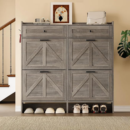 Shoe Storage Cabinet for Entryway, Farmhouse Wide Shoe Cabinet with 4 Flip Drawers and 2 Top Drawers, Freestanding Organizer with Adjustable Shelves, Hooks, and Anti-Tip Kit for Hallway