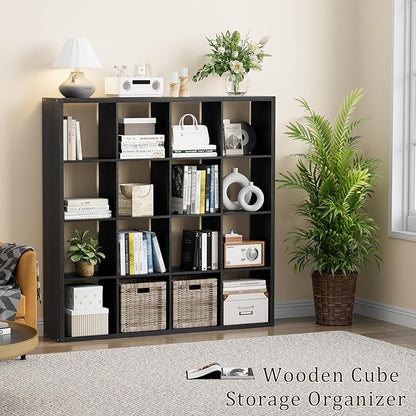 Cube Storage Organizer Bookcase, Decorative 11 inch Open Back Cubical Shelf with Thickened Border, Display Bookshelf for Living Room, Home Office, Sturdy Room (Black, 16 Cube)
