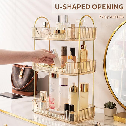 Akinbas 3 Tier Bathroom Organizer Countertop Makeup Perfume Tray Skincare Organizer for Bathroom Dresser Vanity (Gold)