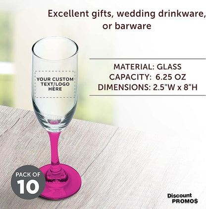 DISCOUNT PROMOS Custom Premiere Champagne Flutes 6.25 oz. Set of 10, Personalized Bulk Pack - Elegant Drinkware for Weddings, Events, & Promotional Gifts - Pink