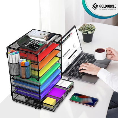 8 Tier Paper Letter Tray Organizer with Handles, Mesh Desk File Holder Storage Organization for Home School Classroom & Office (Black-with Drawer,Pen Holders)