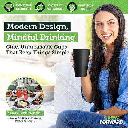 Grow Forward Premium Wheat Straw Cups - 20 oz Unbreakable BPA Free Hard Plastic Cups - Reusable Lightweight Plastic Drinking Glasses for Kitchen, Outdoor, Water, Camping, RV - Midnight