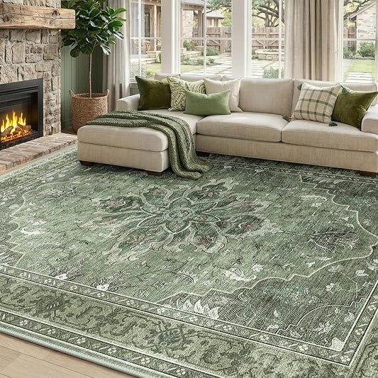 RELEANY Area Rugs 7'x10' Washable Non-Slip, Floral Vintage Distress Medallion Carpet for Living Room Bedroom Dining Room, Dark Green Gray