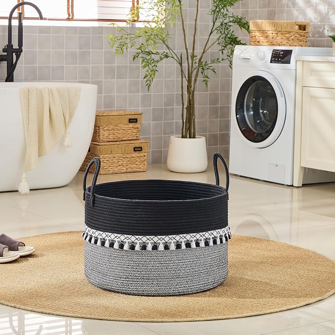 KAKAMAY Cotton Rope Storage Basket (20"x13"),Woven Hamper for Blankets,Toys,Pillows,Clothes,Laundry,Sturdy Handles Decorative Basket for Living Room, Bedroom,Nursery(Black Printing)