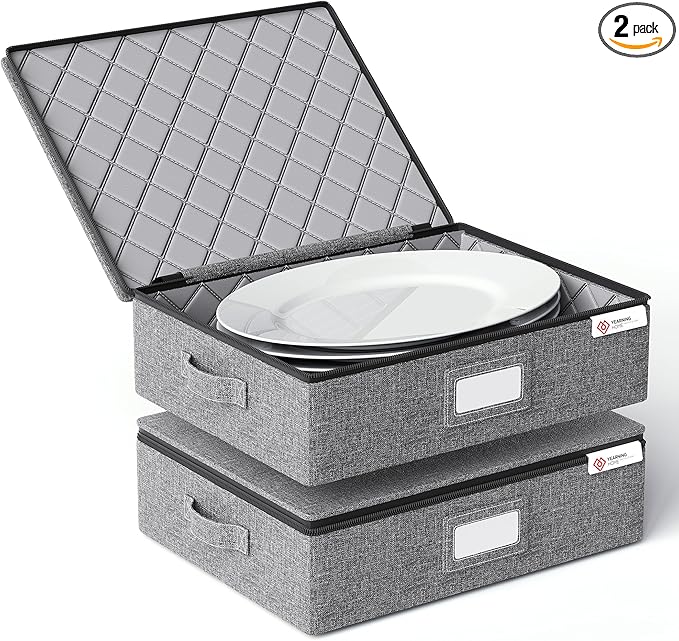 YearningHome Platter Storage Case,Hard Shell Fine China Storage Containers with Sturdy Handle and Zipper,Large Capacity with Felt Dividers for Plate,Moving and Seasonal Storage,2 Pack,Grey