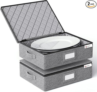 YearningHome Platter Storage Case,Hard Shell Fine China Storage Containers with Sturdy Handle and Zipper,Large Capacity with Felt Dividers for Plate,Moving and Seasonal Storage,2 Pack,Grey
