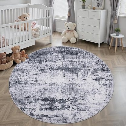 Round Area Rug for Living Room: 5 ft Washable Modern Abstract Soft Thin Rug Indoor Floor No Slip Stain Resistant Carpet for Bedroom Dining Room Farmhouse Nursery Home Office - Grey