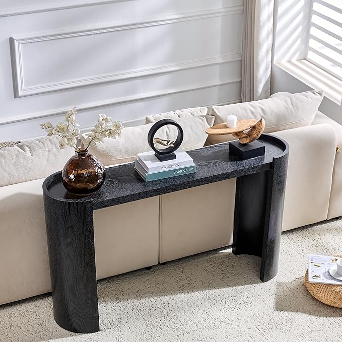 53" Console Table for Entryway, Narrow Sofa Entrance Table with Faux Mars Marble Pattern, Modern Sofa Tables with Round Raised Edge Design for Living Room, Hallway, Foyer, Home Office, Black