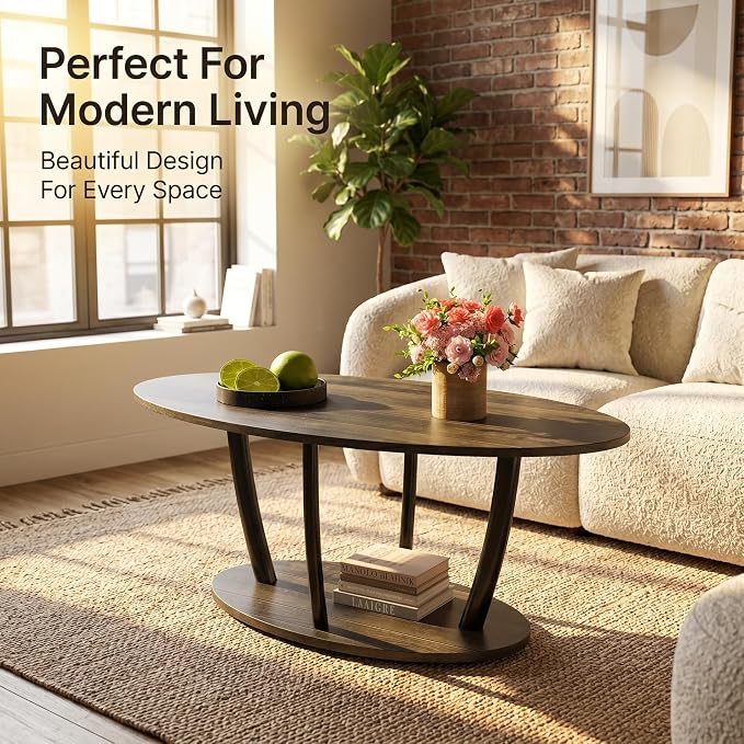 Manora Rustic Small Oval Coffee Table for Living Room, Narrow Wood Center Table with Shelf, Retro Style Coffee Table with Curved Metal Legs, Stable and Easy Assembly, Gray