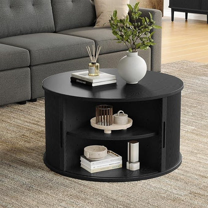 LINSY HOME Round Coffee Table, 31.5" Drum Coffee Table with Sliding Tambour Door, Fluted Accent Center Table with Storage, Mid Century Modern Coffee Table for Living Room (Black)