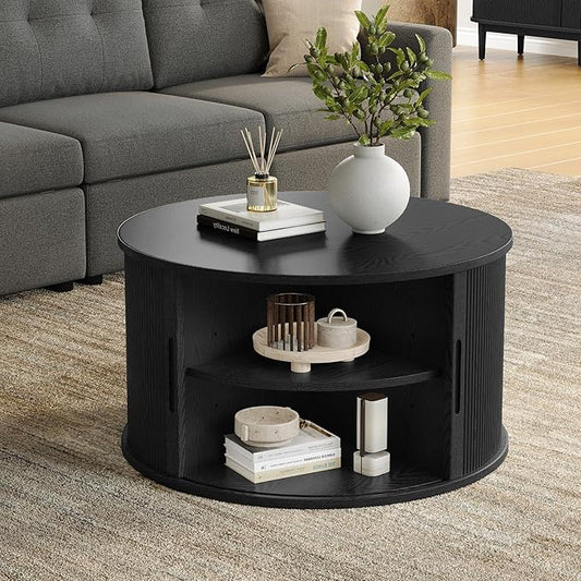 LINSY HOME Round Coffee Table, 31.5" Drum Coffee Table with Sliding Tambour Door, Fluted Accent Center Table with Storage, Mid Century Modern Coffee Table for Living Room (Black)