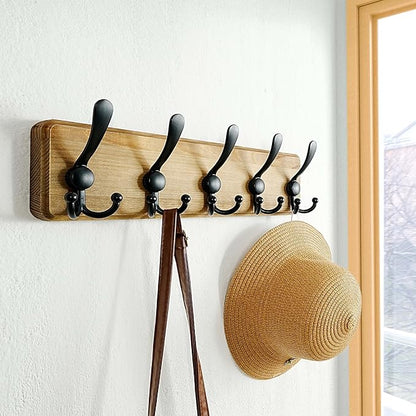 Dseap Coat Rack Wall Mount - Heavy-Duty Robust Barnwood-Style Wooden Wall Coat Hanger Hook Rail with 5 Triple Hooks for Winter Coats Hat Jacket Clothing, Weathered Brown & Black, Pack of 2