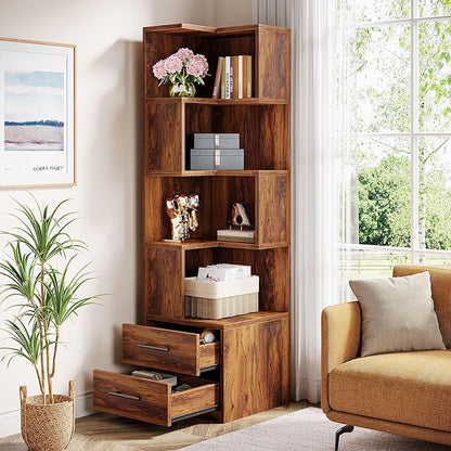 Tribesigns 5-Tier Corner Bookshelf with 2 Drawers, 66.9-Inch Tall Corner Bookcase Shelf, Mid-Century Modern Corner Storage Cabinet Display Rack Shelf for Living Room, Home Office (Rustic Brown)