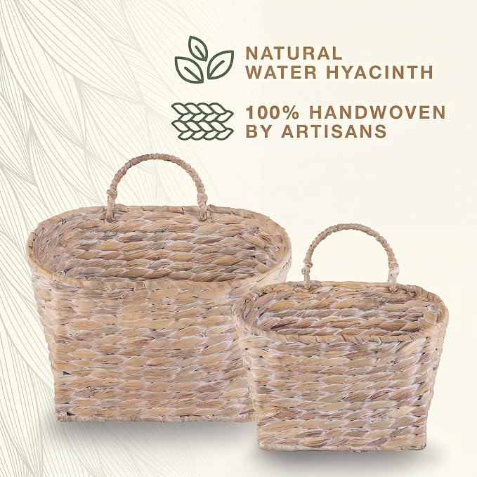 Set of 2 White Wicker Hanging Baskets for Front Door, Mail, Flowers & Organizing