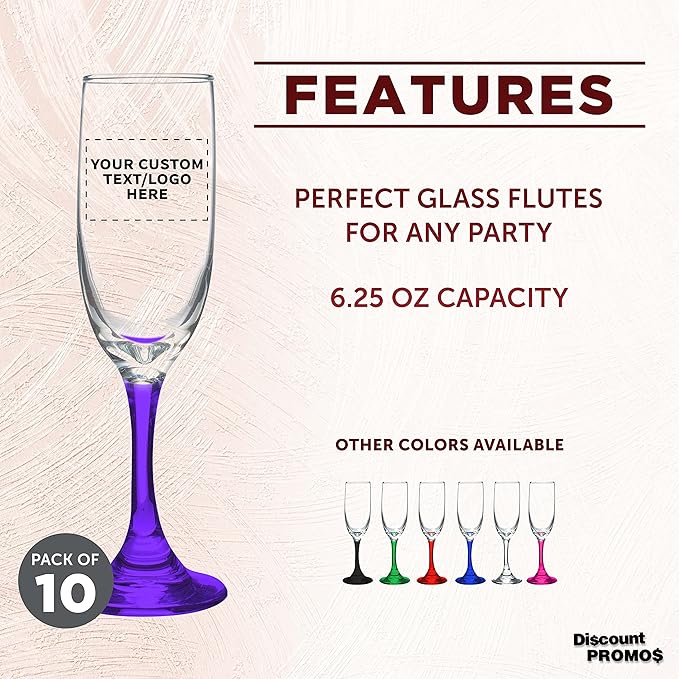DISCOUNT PROMOS Custom Premiere Champagne Flutes 6.25 oz. Set of 10, Personalized Bulk Pack - Elegant Drinkware for Weddings, Events, & Promotional Gifts - Purple