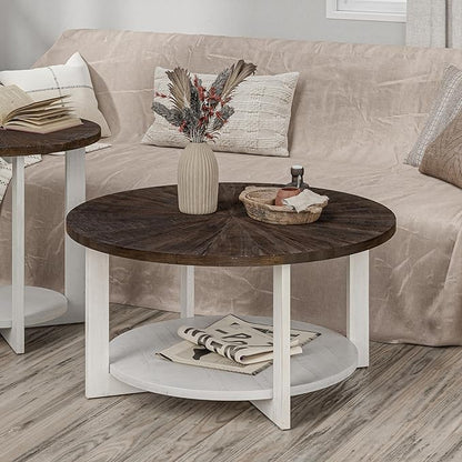 LONYKE Round Wood Coffee Table with Distressed Finish Top, Two-Tone Living Room Table with Lower Storage Shelf, Farmhouse Center Table, Large Circle, Brown and White