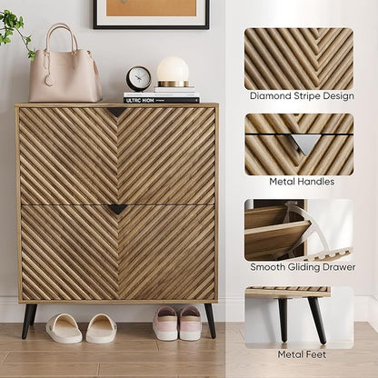 Smuxee Walnut Shoe Cabinet with 2 Flip Drawers, 31.5" Hidden Shoe Storage Cabinet with Fluted Diamond Doors, Freestanding Shoe Organizer Cabinet for Entryway, Hallway, Living Room