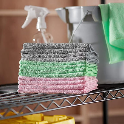 Amazon Basics Microfiber Cleaning Cloths, Ultra Absorbent, Scratch Free, Non-Abrasive, Reusable and Washable, All-Purpose, Car Detailing, 16" x 12", Green/Gray/Pink, 36-Pack