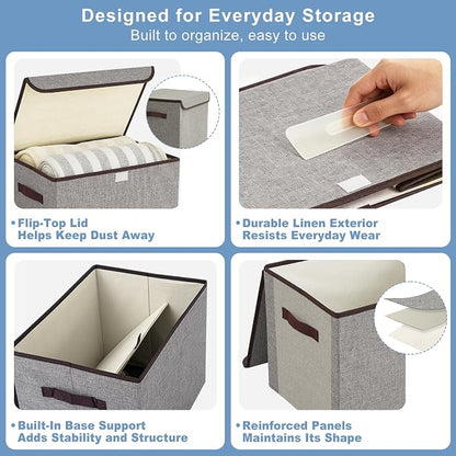 Bagnizer Large 22 Quart Linen Fabric Foldable Storage Bin Cube Organizer Basket with Flip-Top Lid & Handles, Clothes Blanket Box for Home, Office, Closet, Gray, 4 Pack 14.6 x 9.5 x 9.5”