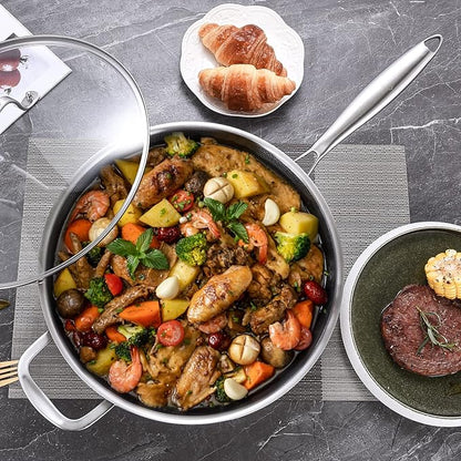 LOLYKITCH 6 QT Hybrid Tri-Ply Stainless Steel Non-Stick Sauté Pan with Lid,12 Inch Deep Frying Pan,Large Skillet,Jumbo Cooker,Induction Pan, Oven Safe and Detachable Handle.