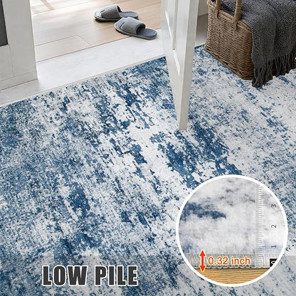 Round Area Rug for Living Room: 8 ft Washable Modern Abstract Soft Thin Rug Indoor Floor No Slip Stain Resistant Carpet for Bedroom Dining Room Farmhouse Nursery Home Office - Blue
