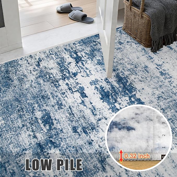 Washable Area Rug 3x14 Entryway Rug: Washable Modern Abstract Soft Thin Rug Indoor Floor No Slip Stain Resistant Carpet for Bedroom Dining Room Farmhouse Nursery Home Office - Blue