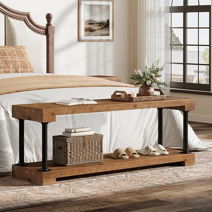 Tribesigns Solid Wood Entryway Bench with Shelf, 63" Industrial Storage Bench with Thickened Metal Tubing, Supports 300 lb and Easy Assembly (Vintage)