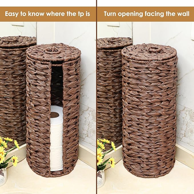 4 Mega Rolls Extra Toilet Paper Storage with Lid, Waterproof Plastic Wicker Toilet Paper Holder Basket Stand, Decorative Boho Covered Enclosed Toilet Tissue Organizer for Bathroom, Brown