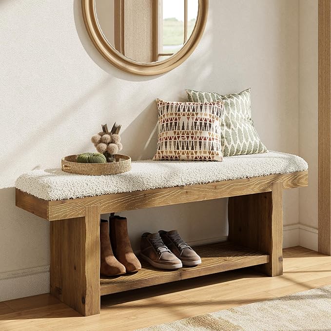 47.2" Solid Wood Bench, 2-Tier Farmhouse Upholstered Entryway Bench with Storage Shelf, Narrow Rustic Bench for Bedroom, Entryway, Mudroomn