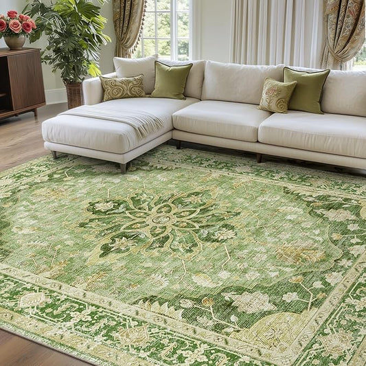 RELEANY Area Rugs 8'x10' Washable Non-Slip, Floral Vintage Distress Medallion Carpet for Living Room Bedroom Dining Room, Sage Green Yellow